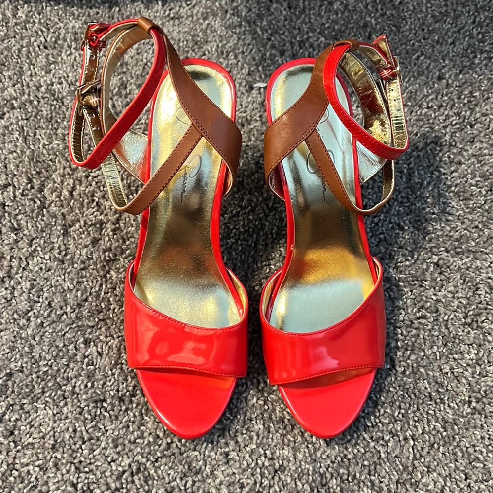 Jessica Simpson, size 9, orange and tan ankle straps.